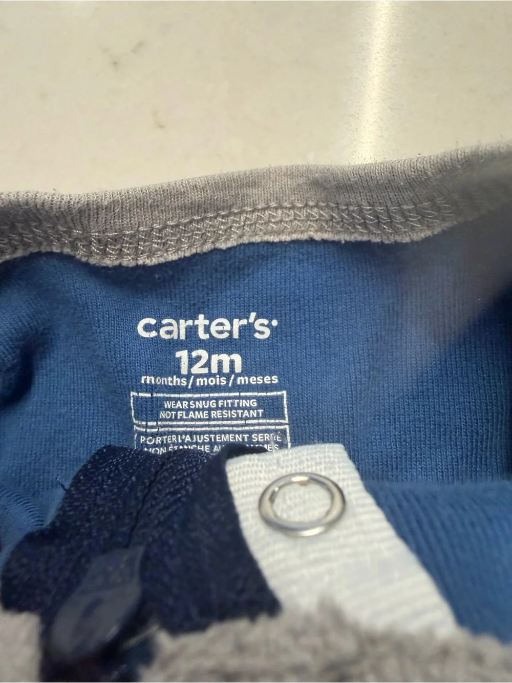 Carters- 12M- Blue Checkered Kids One-Piece Sleeper with Rhino Footies